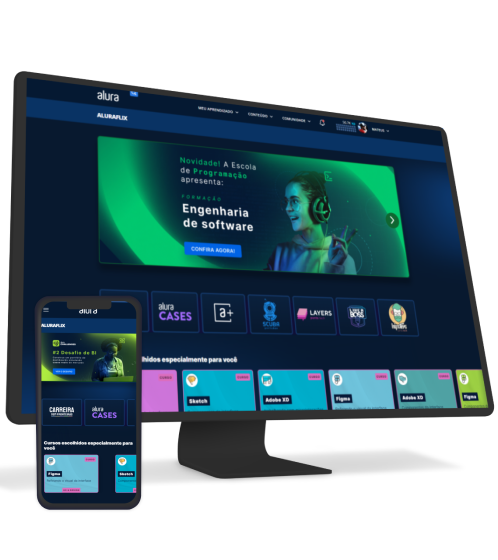 Um monitor e um celular mostrando em suas telas o site da Alura Mais