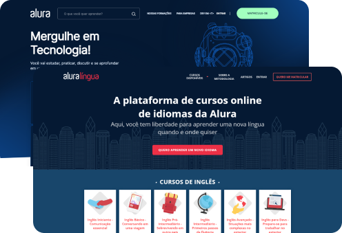 Tela do site da Alura Mais sobreposta na diagonal pela tela do site da Alura Línguas